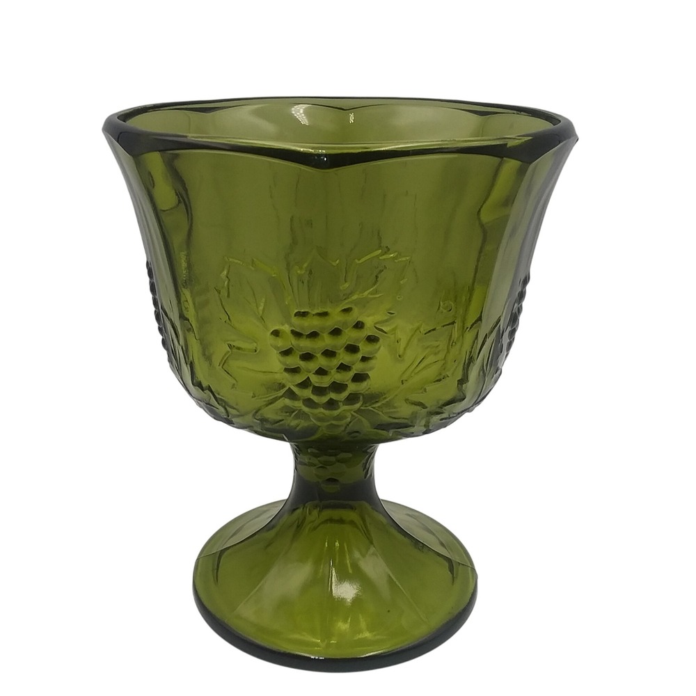 Vintage Green Indiana Glass Compote Embossed Grape Vine Design‎ Footed Avocado